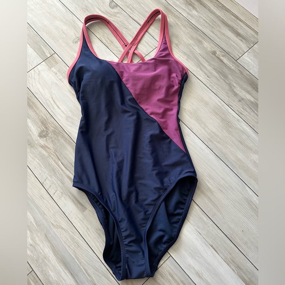 All in Motion Womens One Piece Swimsuit Small Navy Bathing Suit Colorblock
